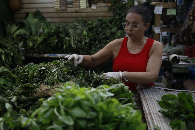 Rio de Janeiro (RJ), 16/12/2025 – Luísa de Fátima Monteiro trabalho com comércio de ervas para banhos energéticos e espirituais no Mercadão de Madureira. Foto: Fernando Frazão/Agência Brasil