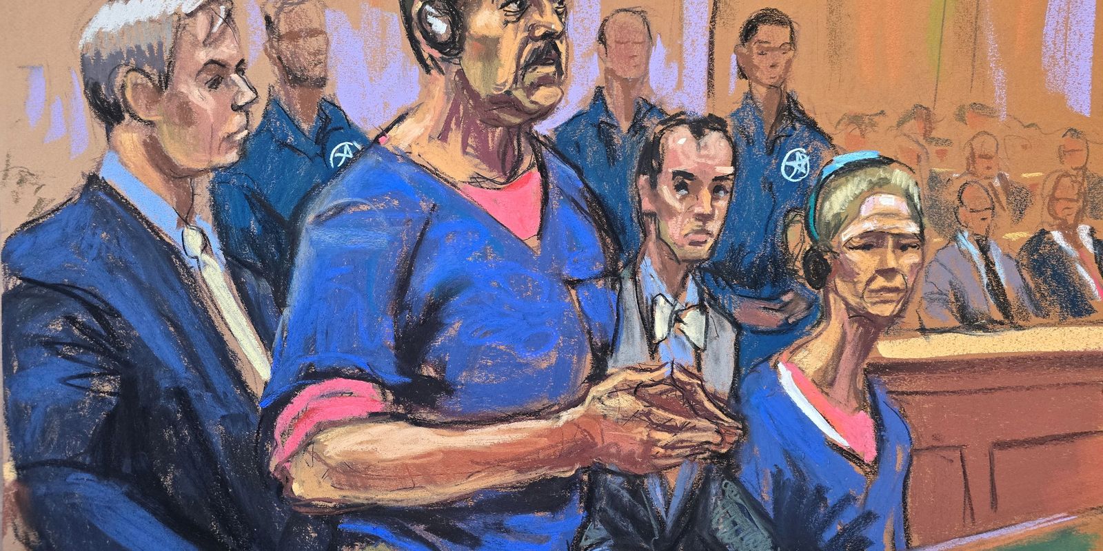 Venezuela's captured President Nicolas Maduro and his wife Cilia Flores attend their arraignment with defense lawyers Barry Pollack and Mark Donnelly to face U.S. federal charges including narco-terrorism, conspiracy, drug trafficking, money laundering and others, at the Daniel Patrick Moynihan United States Courthouse in Manhattan, New York City, U.S., January 5, 2026 in this courtroom sketch. REUTERS/Jane Rosenberg