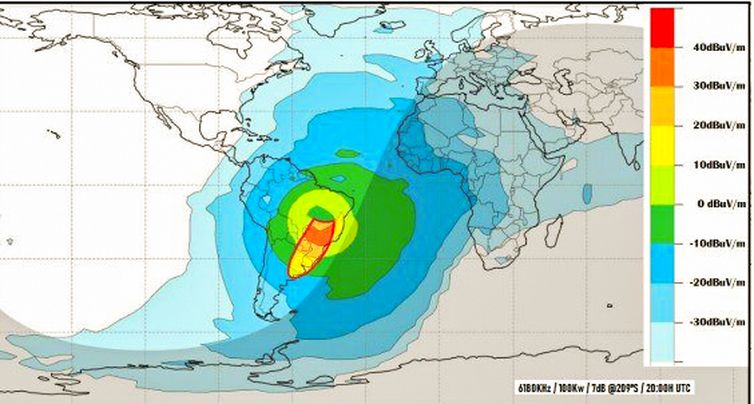 Brasília (DF),  06/04/2026 - Mapa ilustrativo da cobertura da EBC em ondas curtas demonstra o alcance internacional. A propagação do sinal pode variar conforme condições atmosféricas. 
Fonte: EBC