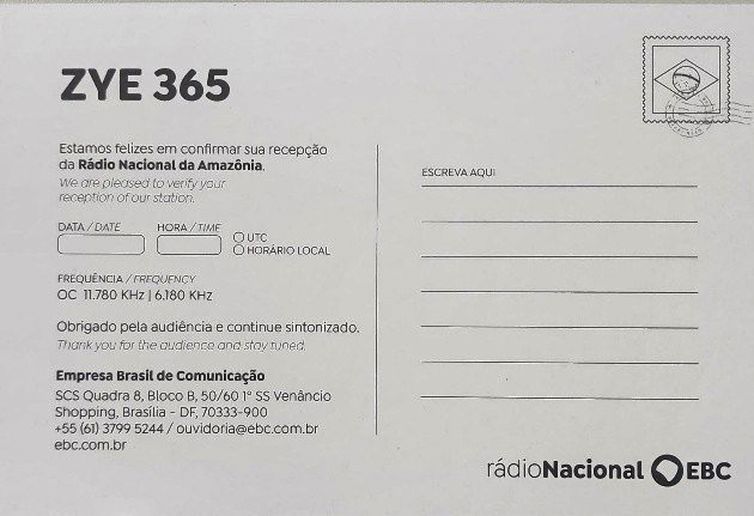 Brasília (DF),  06/04/2026 - Modelo de cartão QSL enviado para radioamadores do mundo inteiro. 
Reprodução EBC